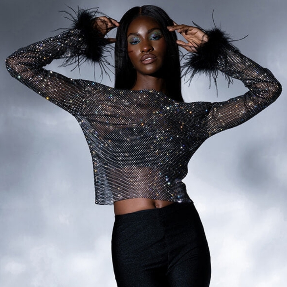 Akira Black Mesh Feather Rhinestone Top | Size Small